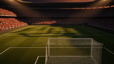 World Cup soccer stadium at sunset with dramatic lighting and packed crowd atmosphere