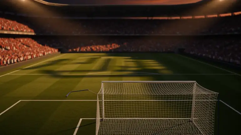 World Cup soccer stadium at sunset with dramatic lighting and packed crowd atmosphere