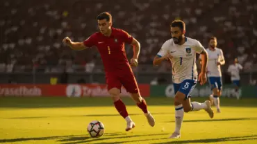 Portugal and Uzbekistan soccer players competing during an intense World Cup match at a packed stadium