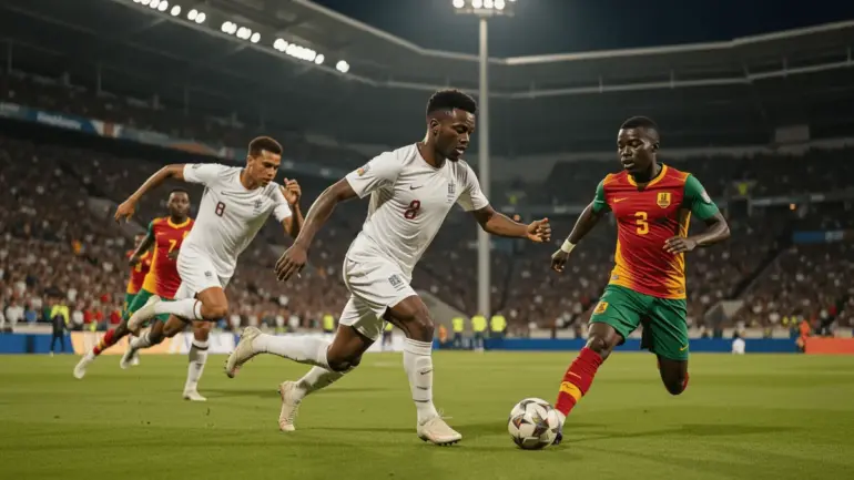 England vs Ghana World Cup 2026 match action at stadium with players competing for the ball