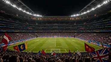 FIFA World Cup 2026 stadium atmosphere with crowds and illuminated pitch at night