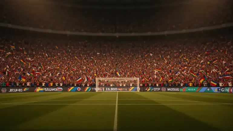 World Cup knockout stage match in packed stadium under dramatic floodlights