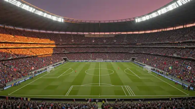 World Cup knockout stage stadium illuminated for Day 20 tournament matches with dramatic lighting