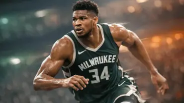 Giannis Antetokounmpo in motion during a Milwaukee Bucks game with dramatic lighting