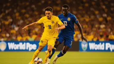 Colombia vs DR Congo World Cup soccer match action with players competing for ball under stadium lights