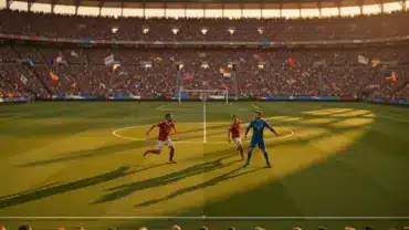 World Cup soccer match in packed stadium with players in action during golden hour lighting