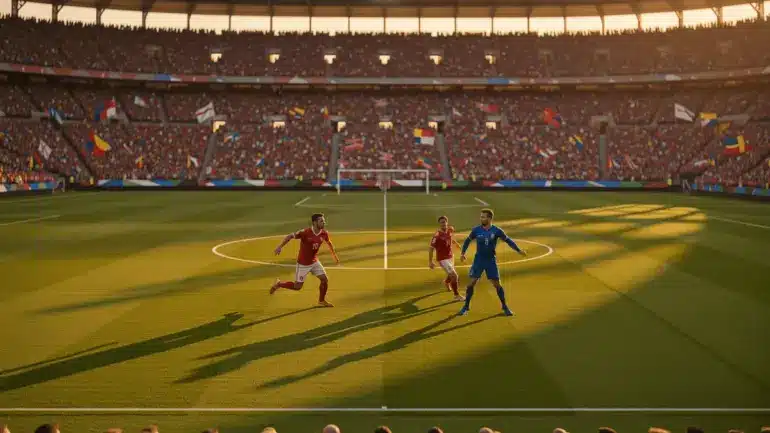 World Cup soccer match in packed stadium with players in action during golden hour lighting
