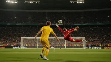 World Cup knockout match with striker taking shot on goal during intense Round of 32 fixture