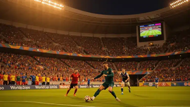 World Cup 2026 knockout stage stadium match with packed crowd during intense gameplay