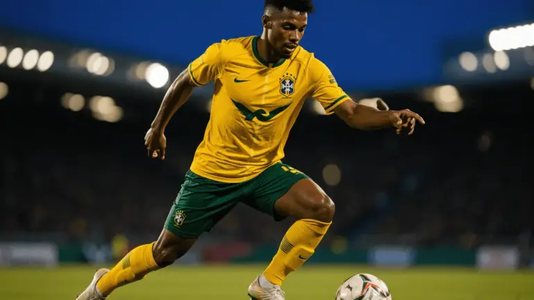 Brazilian soccer player in yellow jersey attacking with ball in World Cup match atmosphere