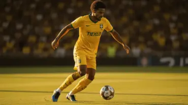 Brazilian soccer player in yellow jersey dribbling ball during World Cup match at stadium