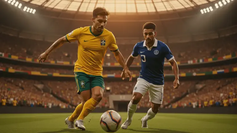 Brazil player dribbles past Japan defender during World Cup 2026 knockout round match at stadium