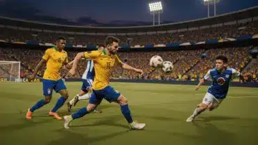 Brazil and Japan players competing in intense World Cup knockout match under stadium lights