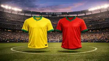 Brazil and Morocco national team jerseys on soccer field under stadium lights at MetLife Stadium