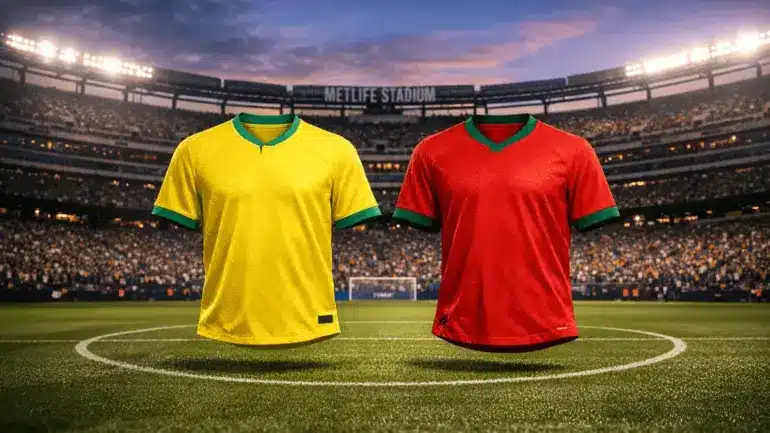 Brazil and Morocco national team jerseys on soccer field under stadium lights at MetLife Stadium