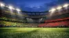 MetLife Stadium illuminated at twilight with fans in Brazilian and Moroccan colors for World Cup match