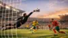 World Cup soccer match action with players competing for goal at packed stadium