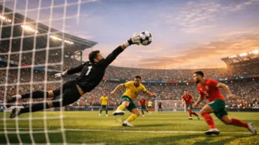 World Cup soccer match action with players competing for goal at packed stadium