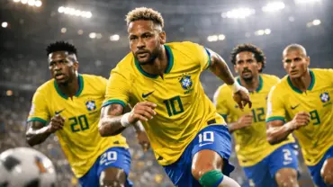 Brazilian national soccer team players in yellow jerseys during intense World Cup match action