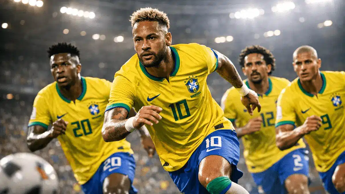 Brazilian national soccer team players in yellow jerseys during intense World Cup match action