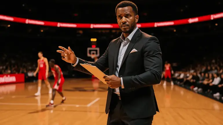 Basketball coach on sideline gesturing with clipboard during NBA game in professional arena