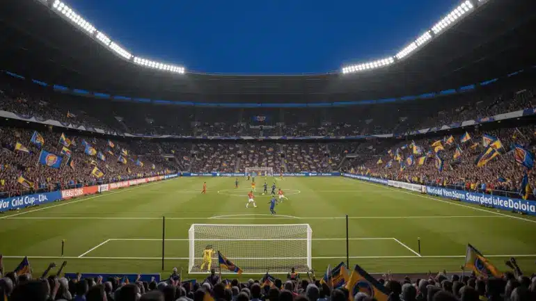 World Cup stadium packed with fans during an evening match under floodlights