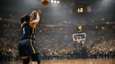 WNBA player shooting deep three-pointer in arena during clutch game moment