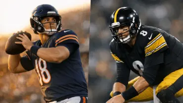 Young Bears quarterback and veteran Steelers QB in split-screen football action composition