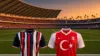 USA and Turkey soccer jerseys at California stadium during World Cup 2026 match at sunset