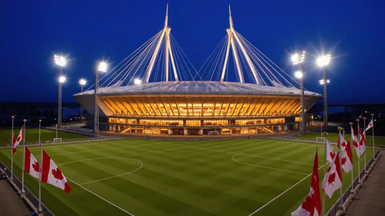 BC Place stadium in Vancouver illuminated at night for Canada vs Qatar World Cup match