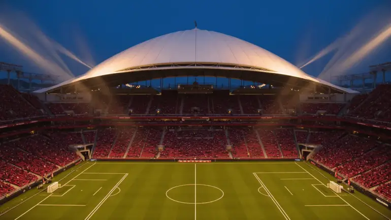 BC Place stadium in Vancouver illuminated at dusk before Canada vs Qatar World Cup match