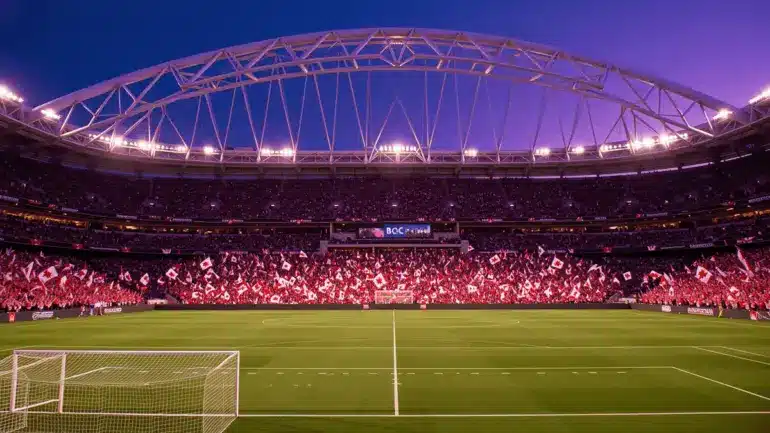 BC Place Stadium illuminated at night with Canadian fans for World Cup soccer match in Vancouver