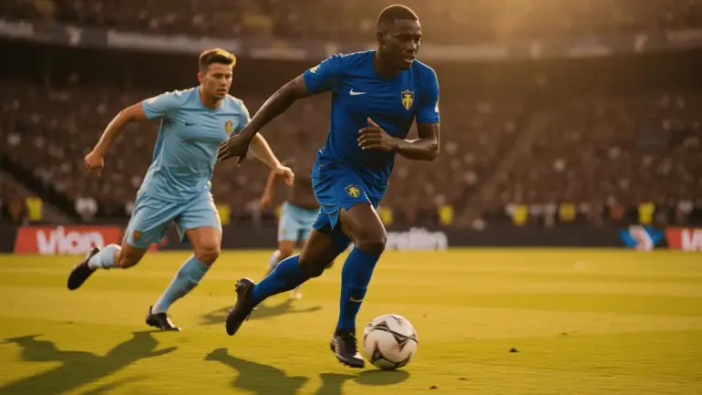 Cape Verde player counterattacking against Uruguay defenders during World Cup qualifying match