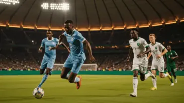 Cape Verde player sprinting with ball during World Cup match against Saudi Arabia in packed stadium