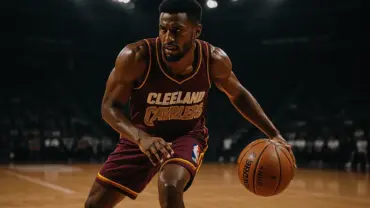 Dennis Schröder dribbling basketball in Cleveland Cavaliers uniform under arena lights