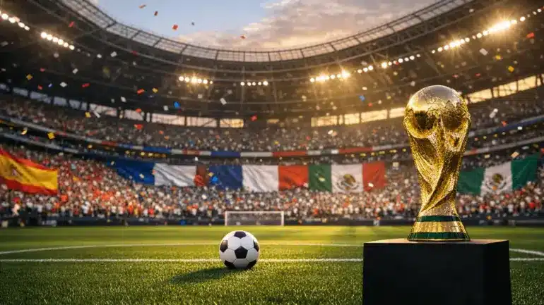 FIFA World Cup trophy on stadium field with international flags in packed stands