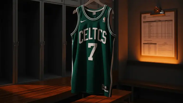 Boston Celtics jersey in locker room with financial documents suggesting salary cap trade decision