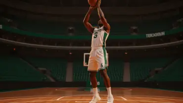 Basketball center shooting three-pointer in modern NBA arena with Celtics green accents and dramatic lighting