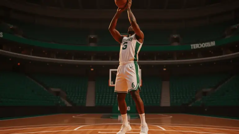 Basketball center shooting three-pointer in modern NBA arena with Celtics green accents and dramatic lighting