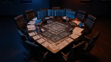NBA draft war room with strategy boards and trade scenarios on table