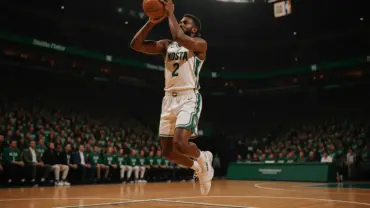 NBA forward player shooting basketball in arena with green team colors and professional lighting
