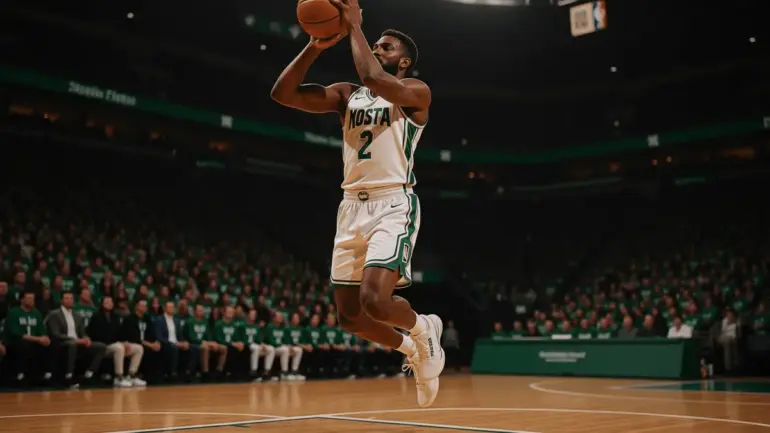 NBA forward player shooting basketball in arena with green team colors and professional lighting