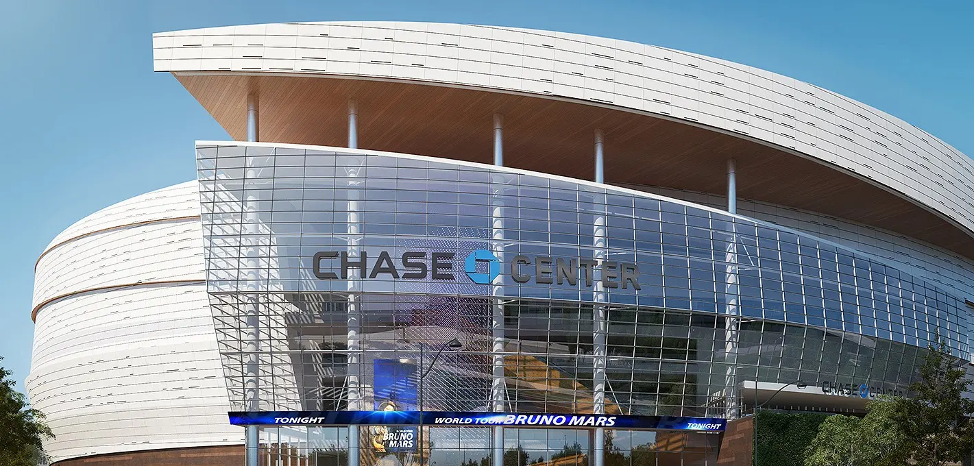 Exterior view of Chase Center, home of Golden State Warriors, showcasing modern architecture.