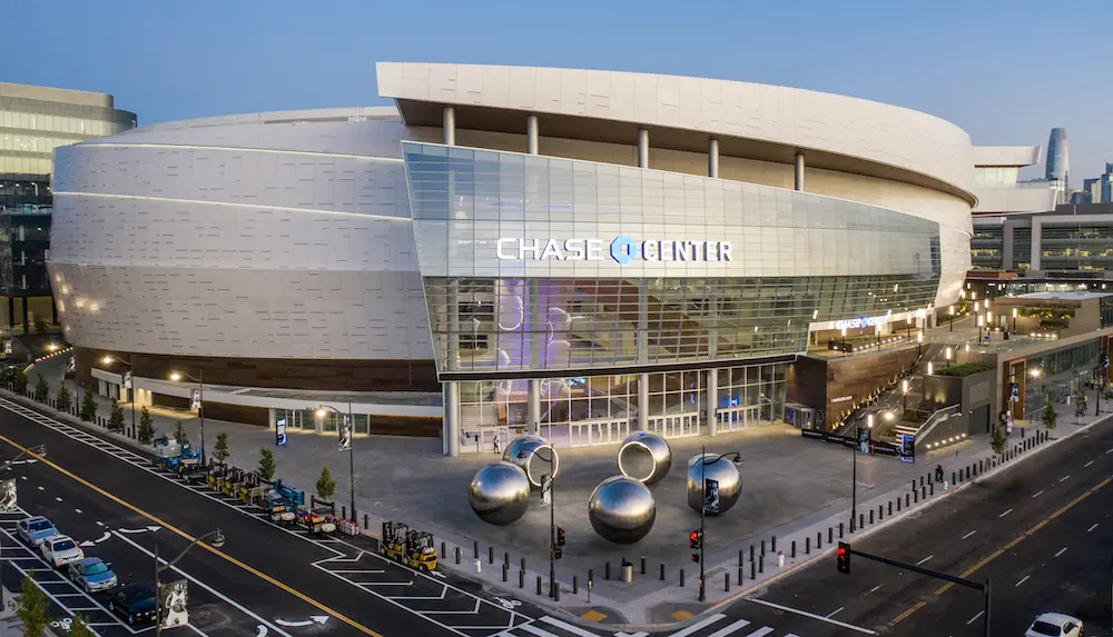 Exterior view of Chase Center in San Francisco, showcasing its modern architecture.