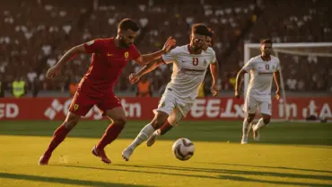 Belgium and Iran players battle in intense World Cup soccer match action near goal