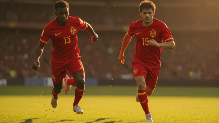 Spanish football players attacking in red jerseys during World Cup match