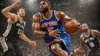 Knicks player driving to basket against Spurs defenders during intense NBA Finals game action