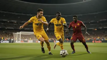 Colombia soccer players attacking against DR Congo in World Cup match under stadium lights