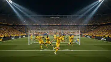 Colombia players in action during World Cup match under stadium lights with crowd