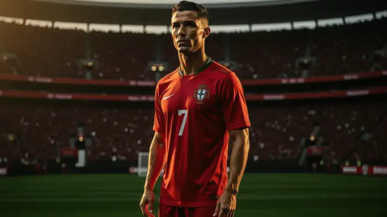Cristiano Ronaldo in Portugal jersey at 2026 World Cup stadium with dramatic lighting